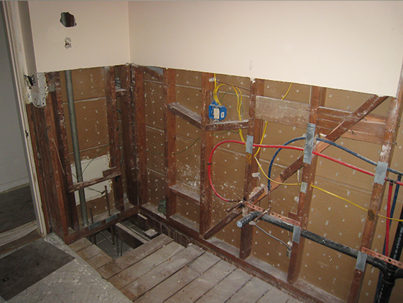 Exposed wall framing and wiring